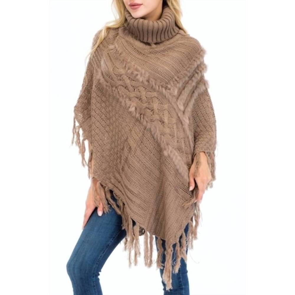 NEW CAP ZONE luxury turtleneck poncho with faux fur accent in brown